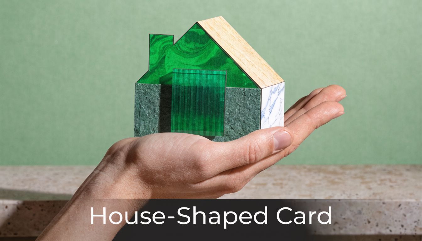 A creative house-shaped business card made of textured green and white materials held in an open hand.