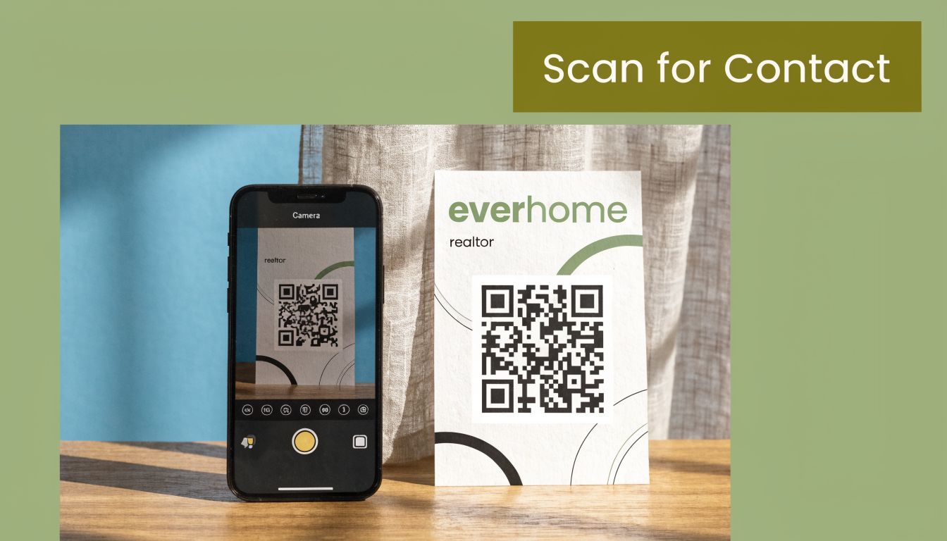 A smartphone camera scanning a QR code on an Everhome realtor business card on a wooden table.