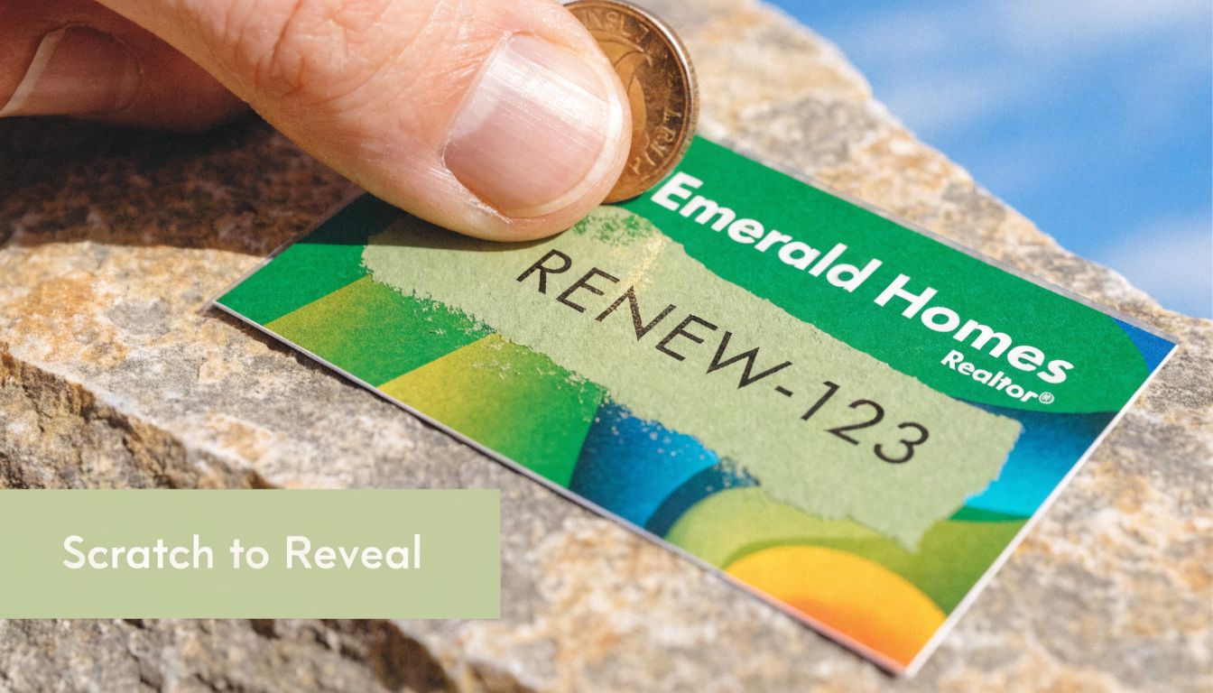 A hand using a coin to scratch a promotional Emerald Homes realtor card on a rock surface.
