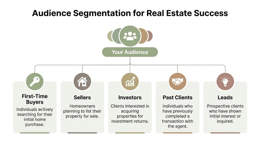 A diagram illustrating five key audience segments for real estate marketing success, including buyers, sellers, and investors.