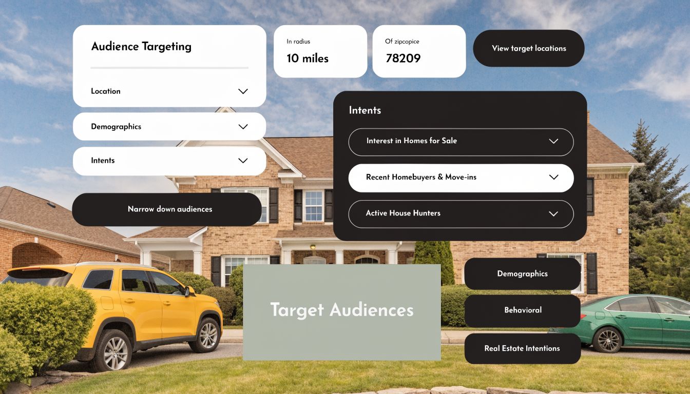 A digital interface showcasing real estate audience targeting tools with location settings, radius, and intent selection menus.