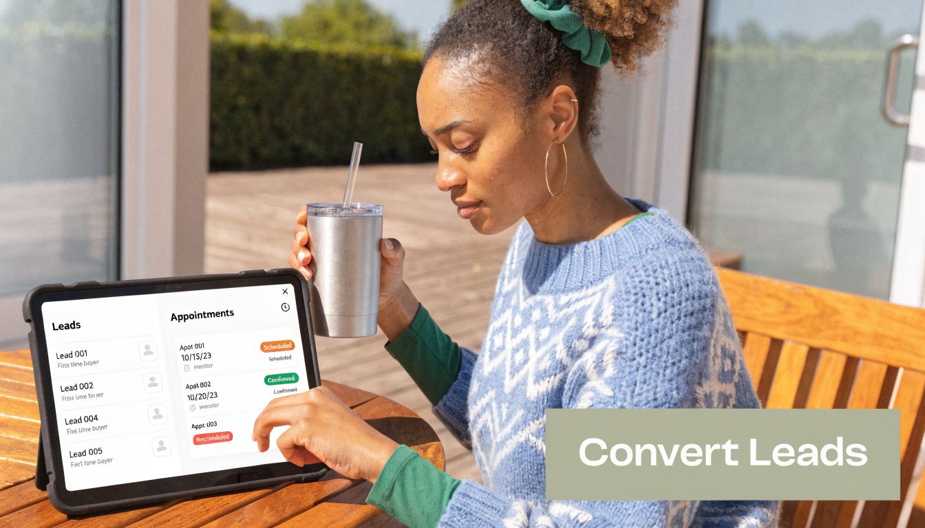 A woman using a tablet on a wooden table outdoors to manage real estate appointment leads.