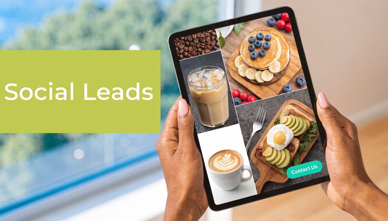 A person holding a tablet displaying a food-themed collage with coffee, pancakes, and avocado toast.