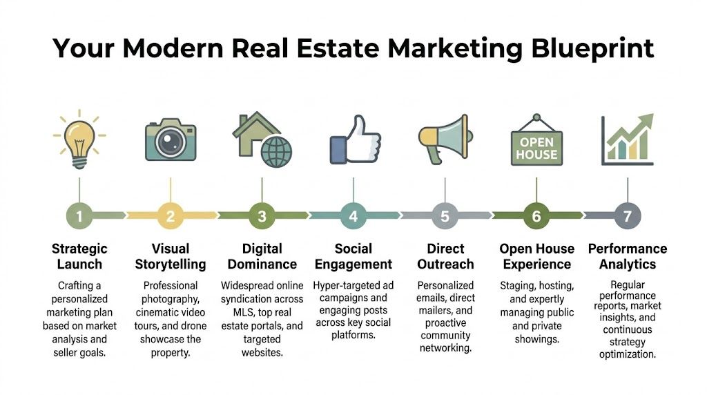 A seven-step marketing blueprint for real estate, showing a professional strategy for selling properties effectively.