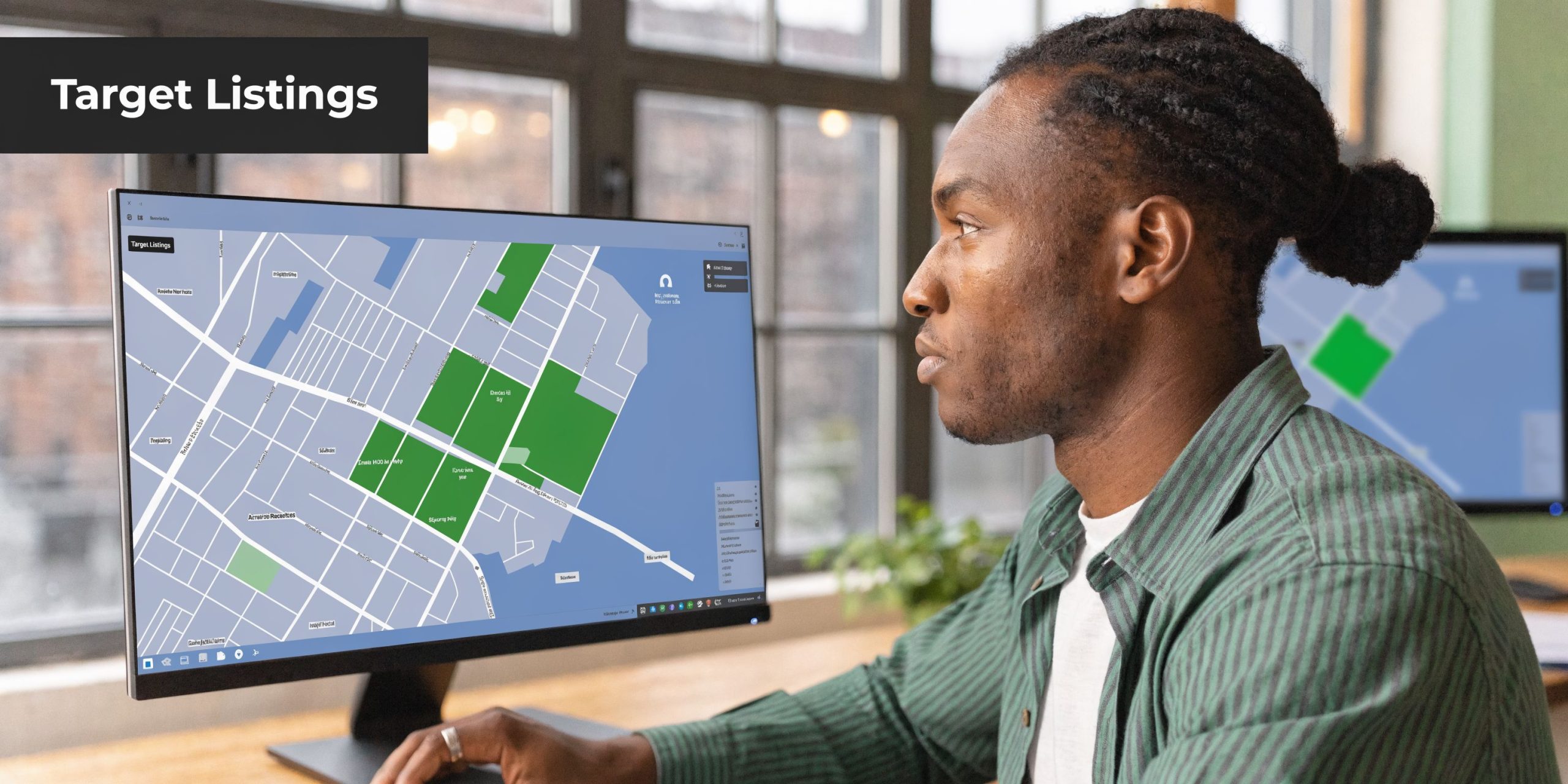 A man observing property maps on a computer screen for real estate listing analysis.