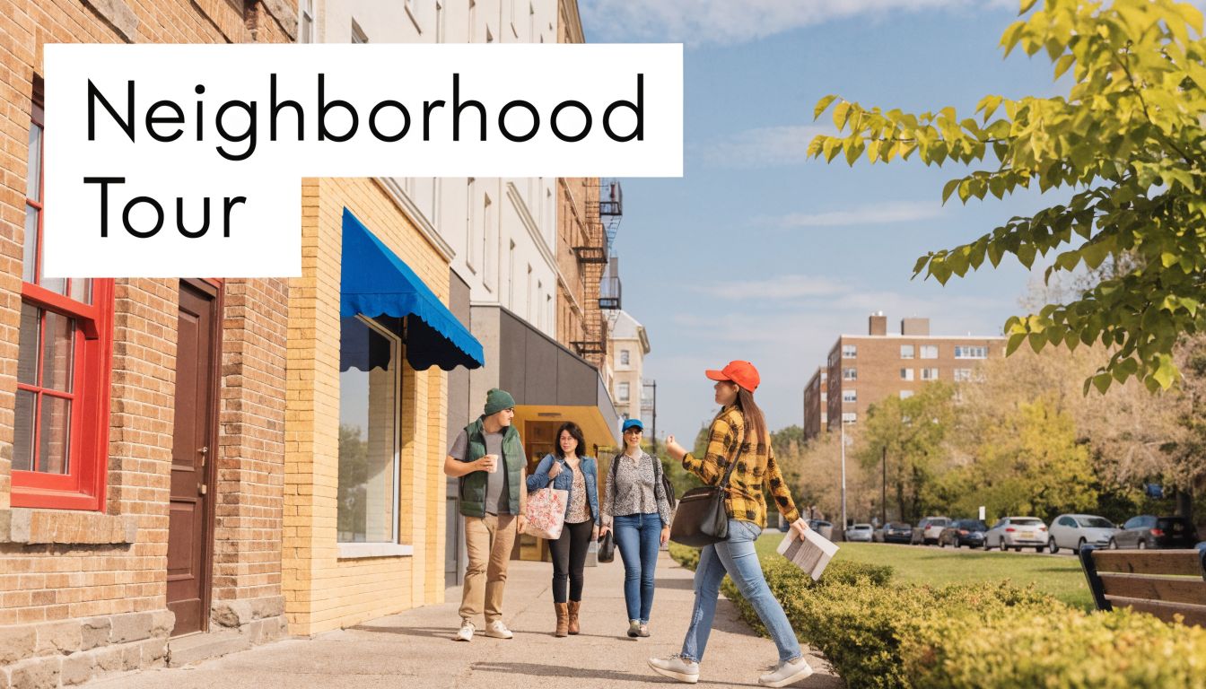 A diverse group of four people walking together on a sidewalk during a neighborhood tour in town.