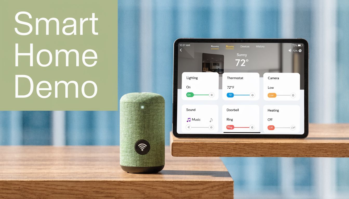 A green smart speaker and a digital tablet displaying smart home control settings on a wooden table.