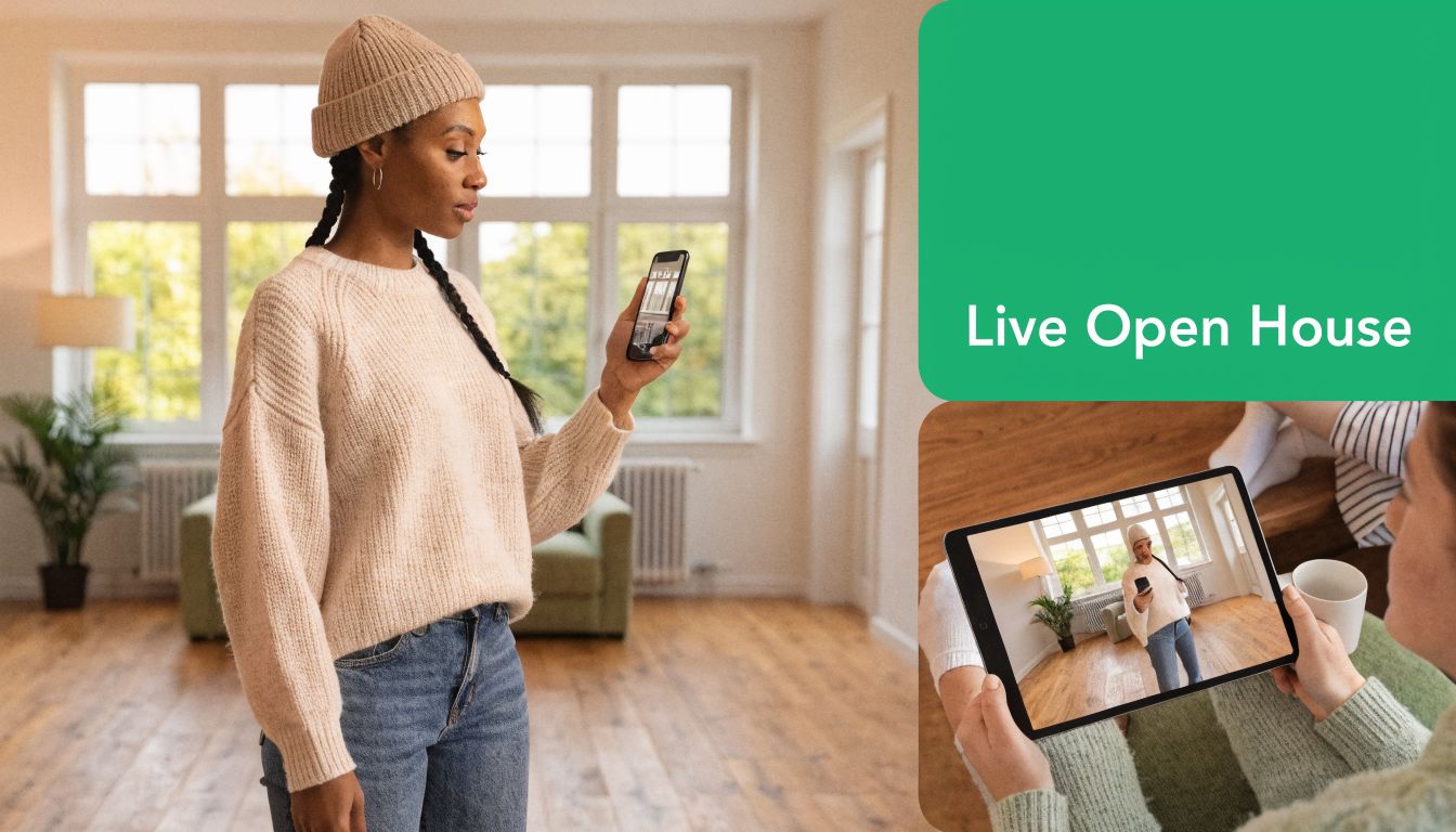 A woman holds a smartphone in a bright room during a virtual live open house event.