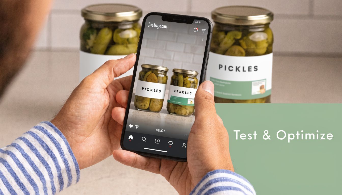 A person holding a smartphone displaying an Instagram post featuring product photography of two pickle jars.