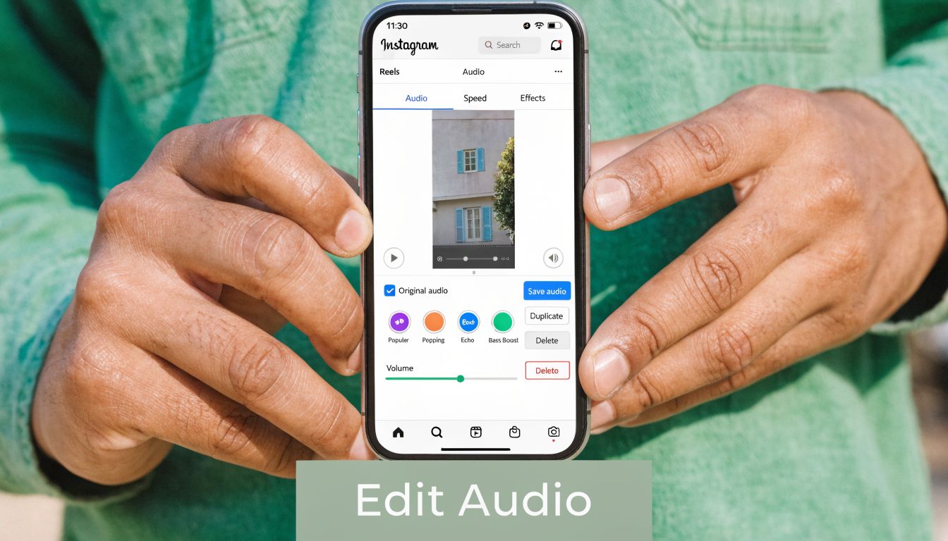 A person holding a smartphone displaying the Instagram Reels audio editing interface for customizing video sound settings.