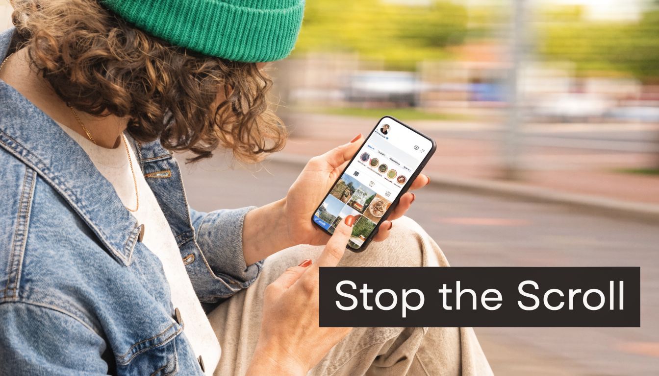 A person wearing a green beanie uses their phone to scroll through a social media profile page.