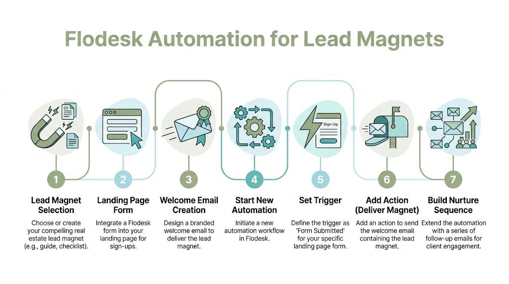 A step-by-step infographic illustrating the Flodesk automation process for delivering real estate agent lead magnets effectively.