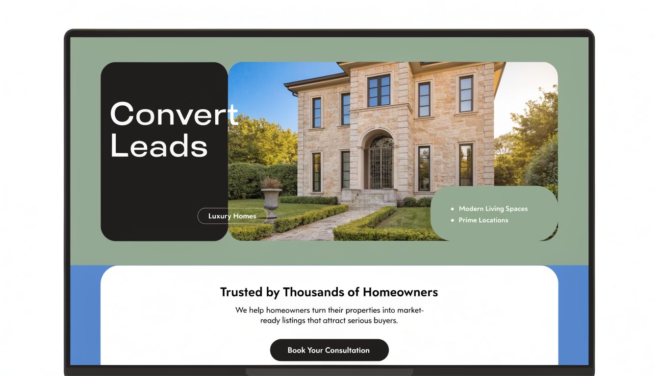 A digital screen showcasing a professional real estate marketing website for generating luxury home buyer leads.