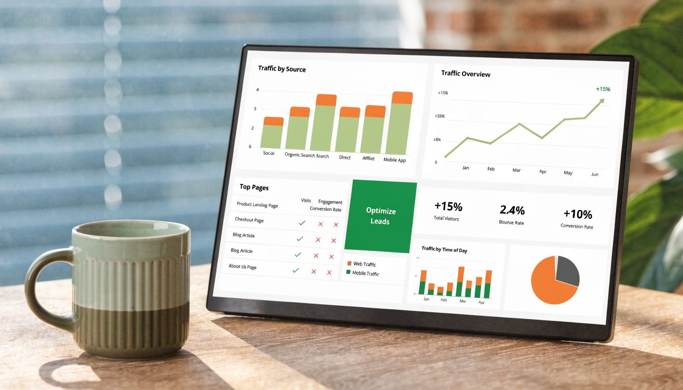 A digital tablet screen displaying marketing analytics dashboard showing traffic sources, page performance, and business growth metrics.