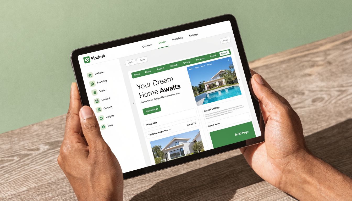 A person holding a tablet displaying the Flodesk website builder interface for creating real estate landing pages.