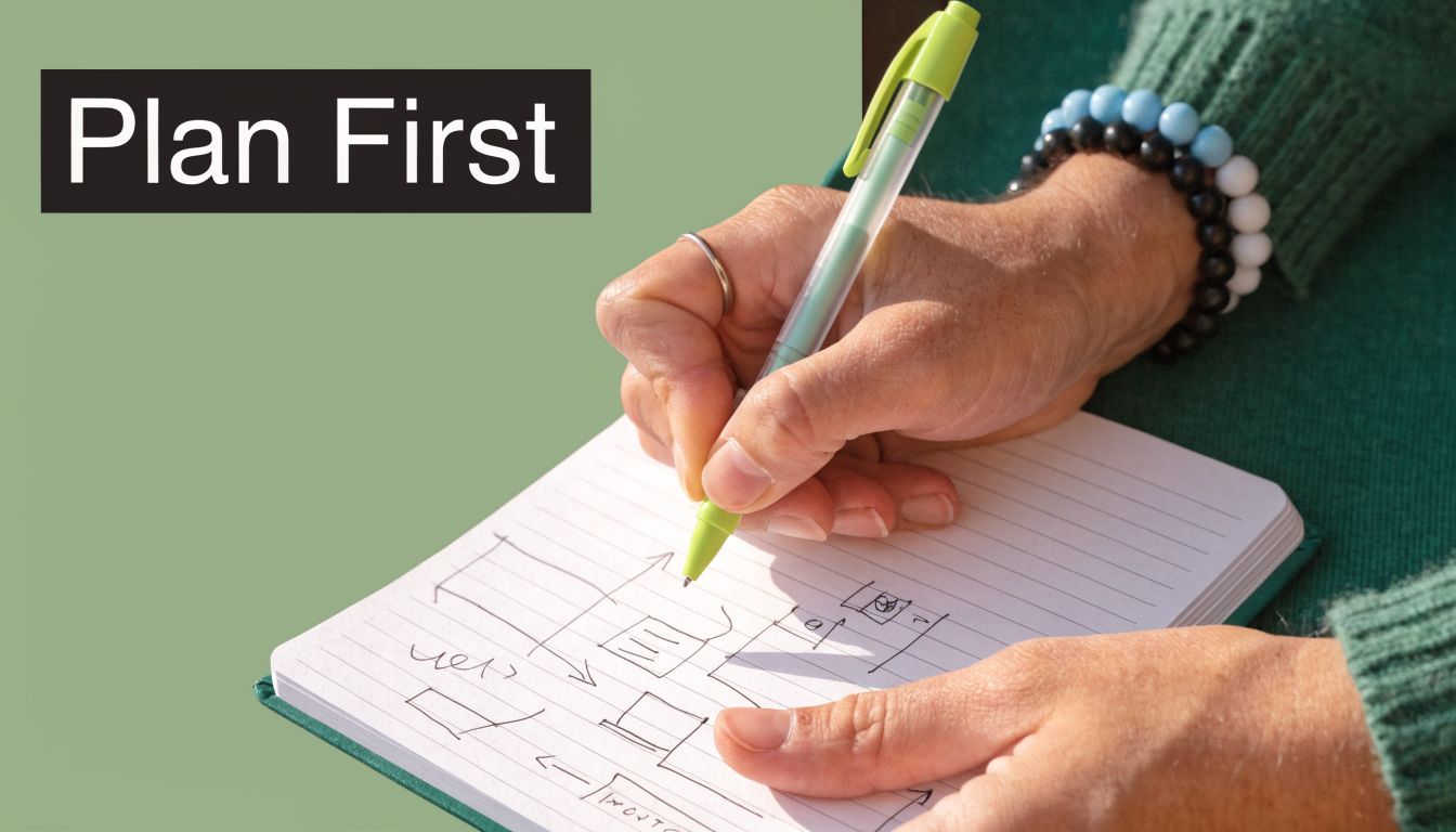 A close-up view of hands drawing diagrams in a notebook with the text Plan First displayed.