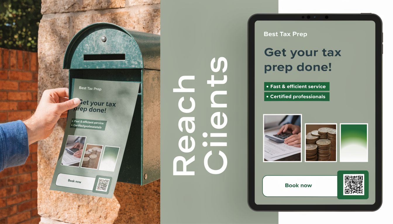 A hand placing a tax preparation service flyer into a mailbox next to a tablet screen showing the advertisement.