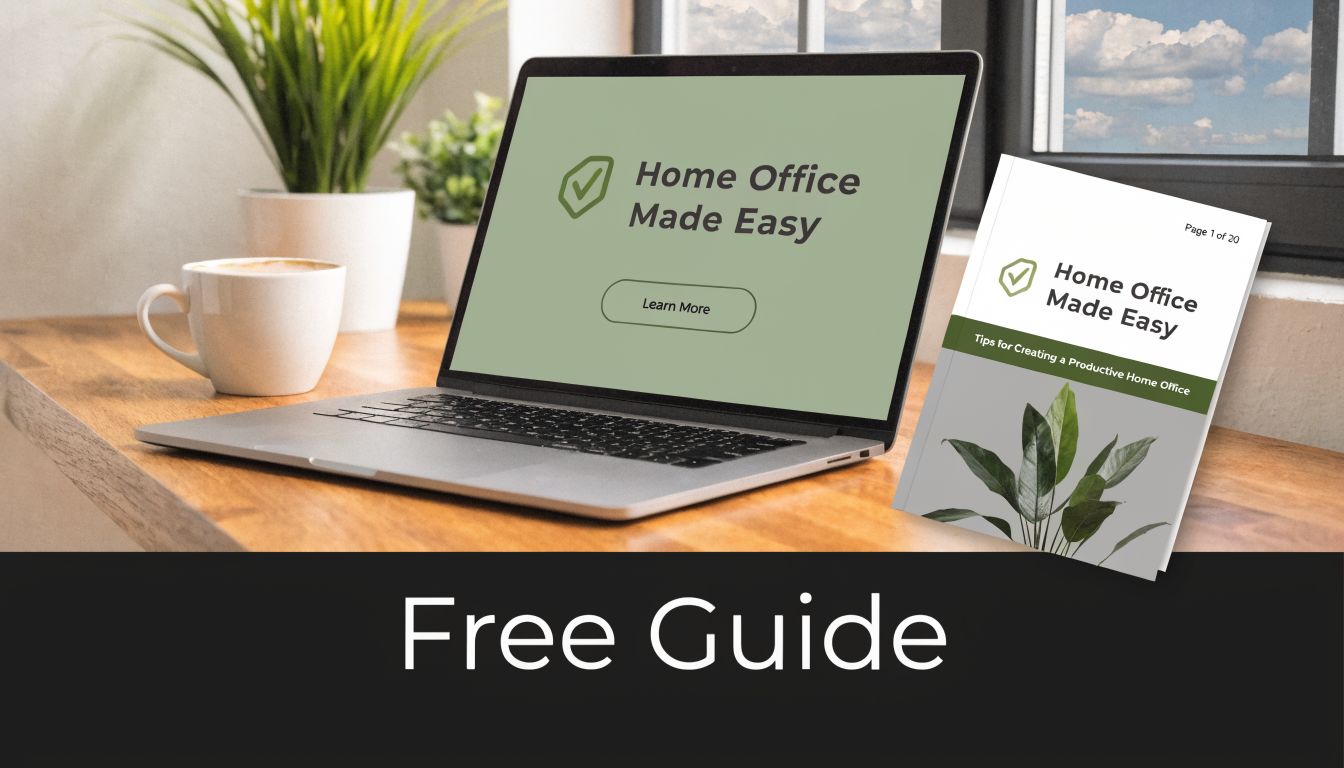 A laptop and a guide titled Home Office Made Easy displayed on a wooden office desk.