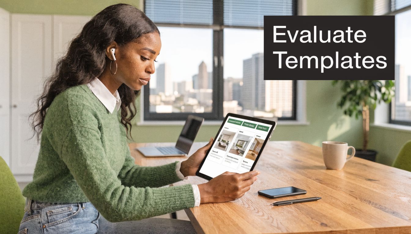 A woman working remotely in a bright office environment using a tablet to evaluate design templates.