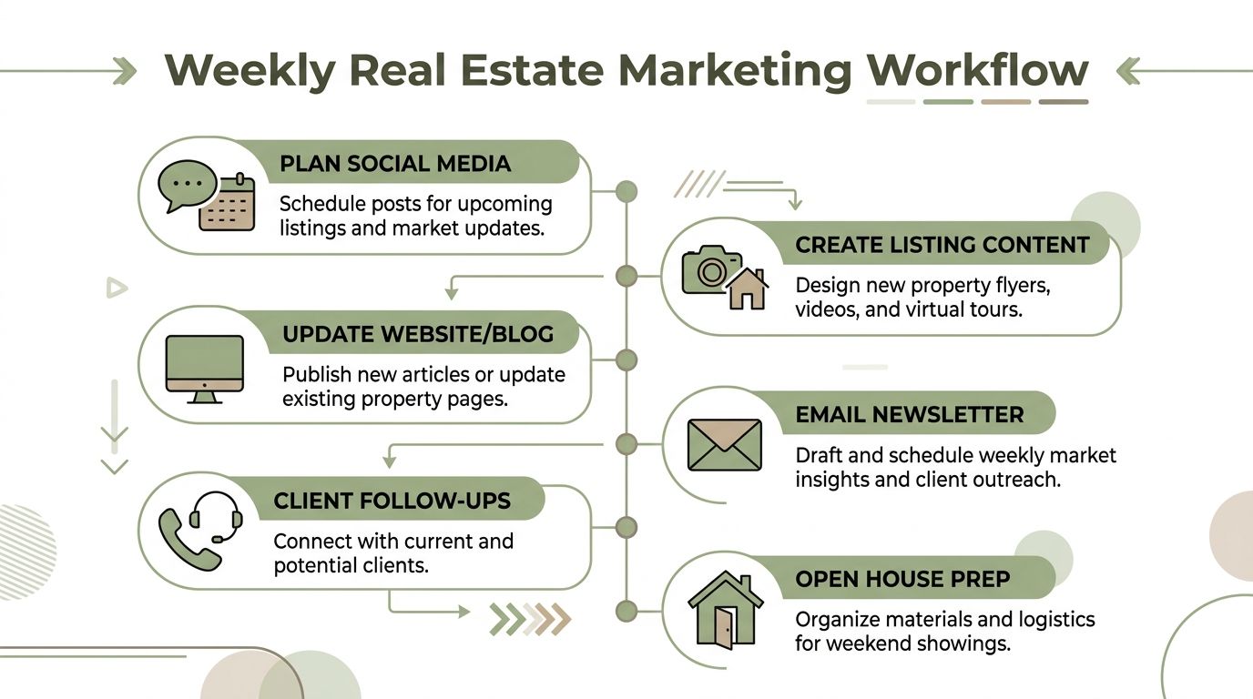 A weekly real estate marketing workflow chart outlining key tasks for planning, content creation, and client management.