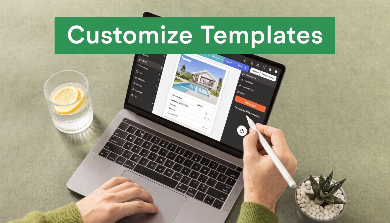 A person using a stylus on a laptop screen to edit digital real estate marketing templates.