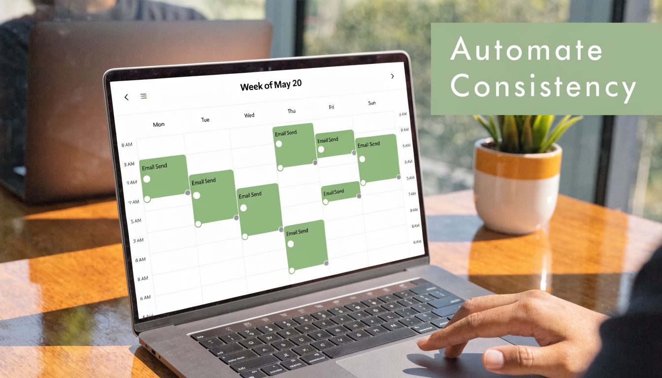 A person using a laptop to view a calendar of automated email sends for a marketing schedule.