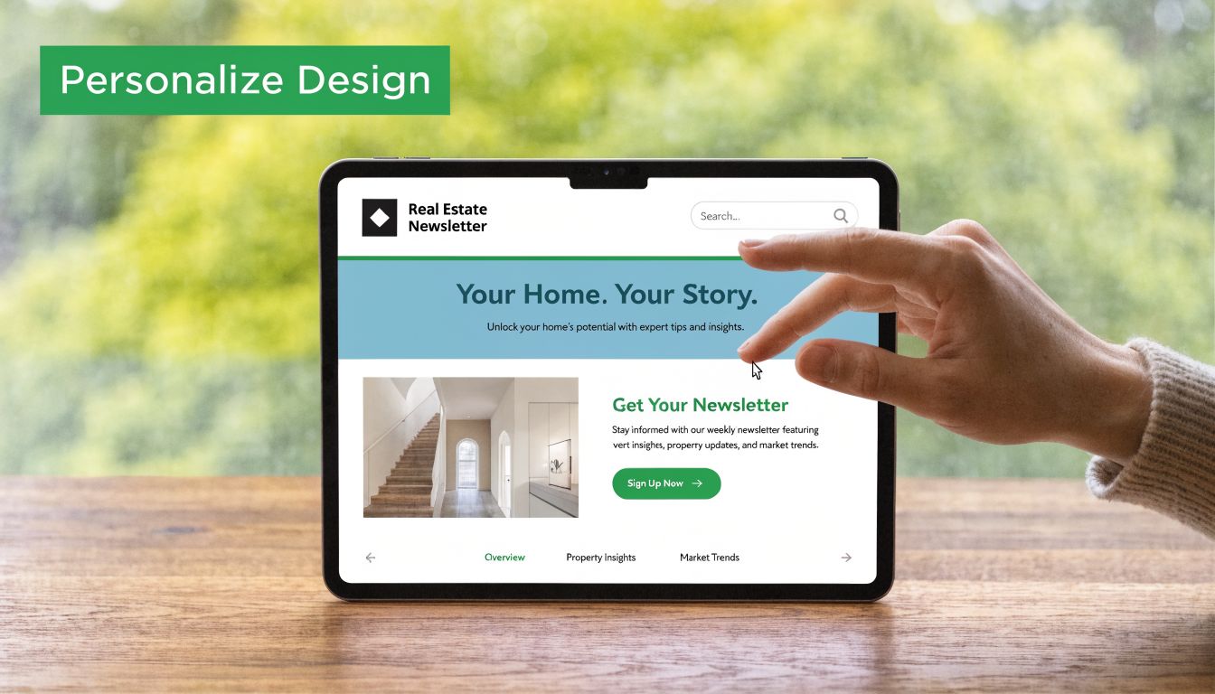 A hand interacting with a digital tablet displaying a real estate newsletter template design on a screen.