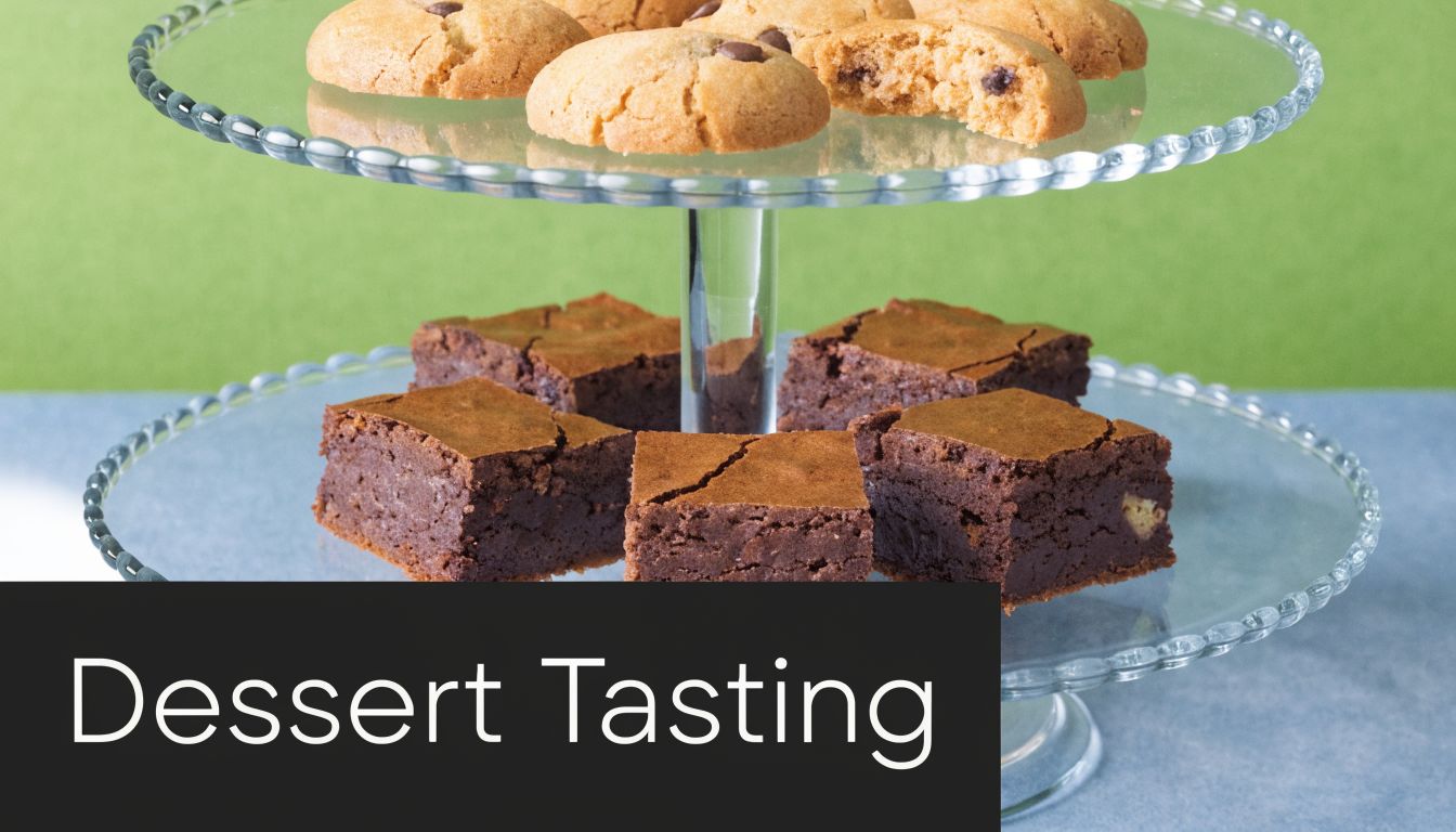A two-tier glass cake stand displaying chocolate chip cookies on top and rich chocolate brownies below.