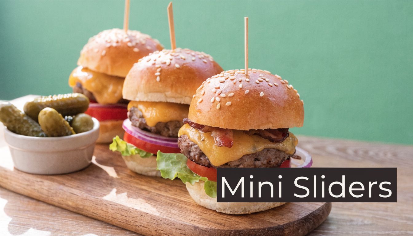 A close-up view of three mini cheeseburgers with bacon and pickles on a wooden serving board.