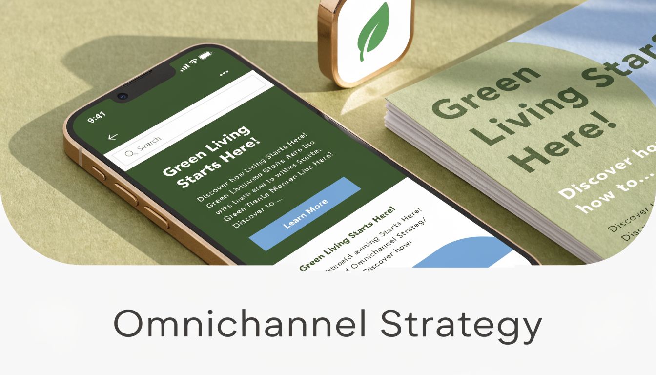 A smartphone and printed marketing materials featuring green living themes and an omnichannel strategy design layout.