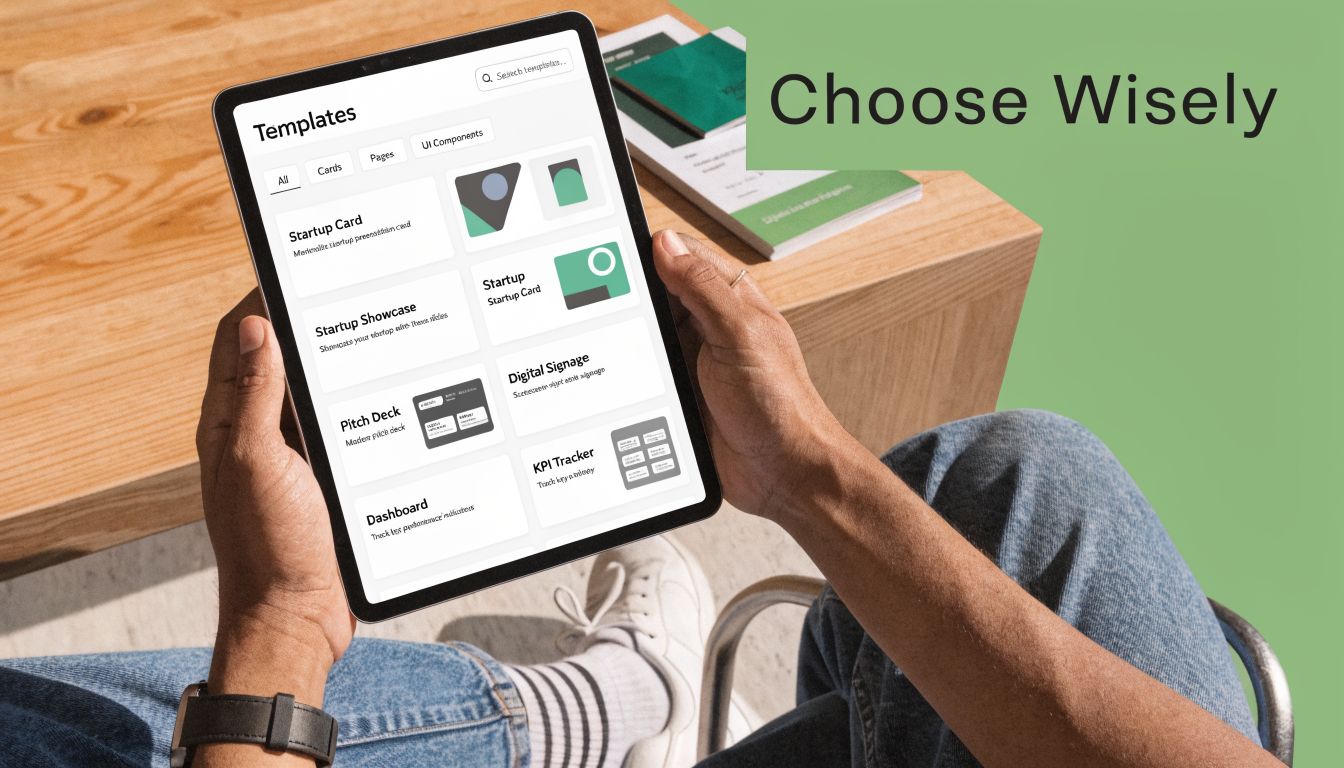 A person holding a tablet displaying a variety of professional website templates for startups and business dashboards.