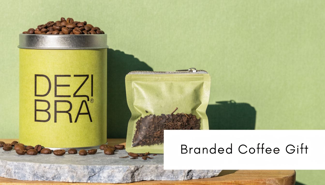 A branded tin of coffee beans and a small zippered pouch resting on a stone surface.