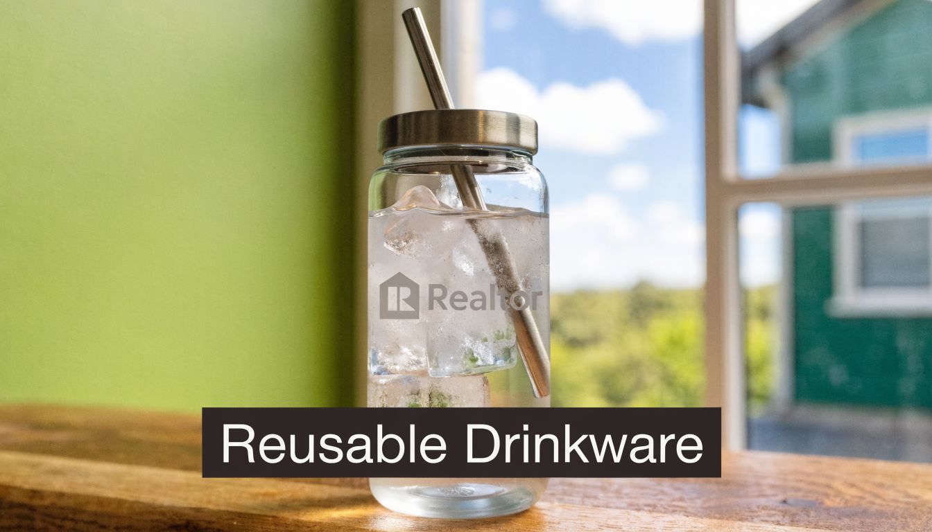 A glass jar with a metal straw and ice cubes sitting on a rustic wooden table.