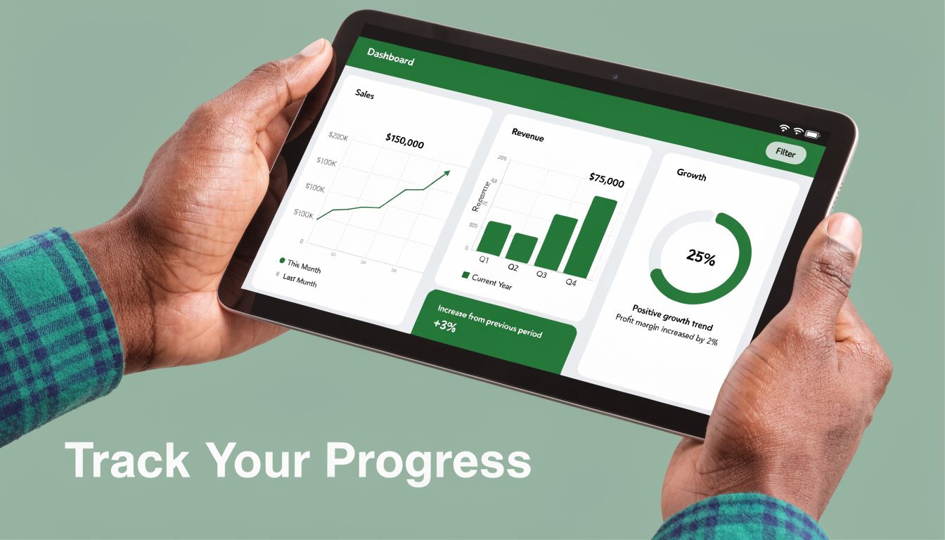 A person holding a tablet displaying a financial dashboard with sales, revenue, and growth statistics.