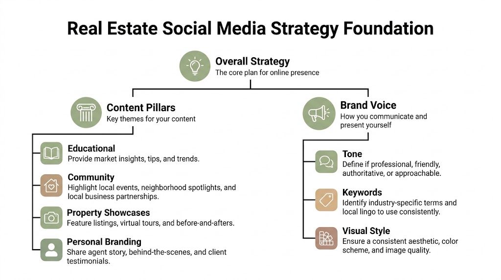 A diagram outlining the foundation of a real estate social media strategy, including content pillars and brand voice.