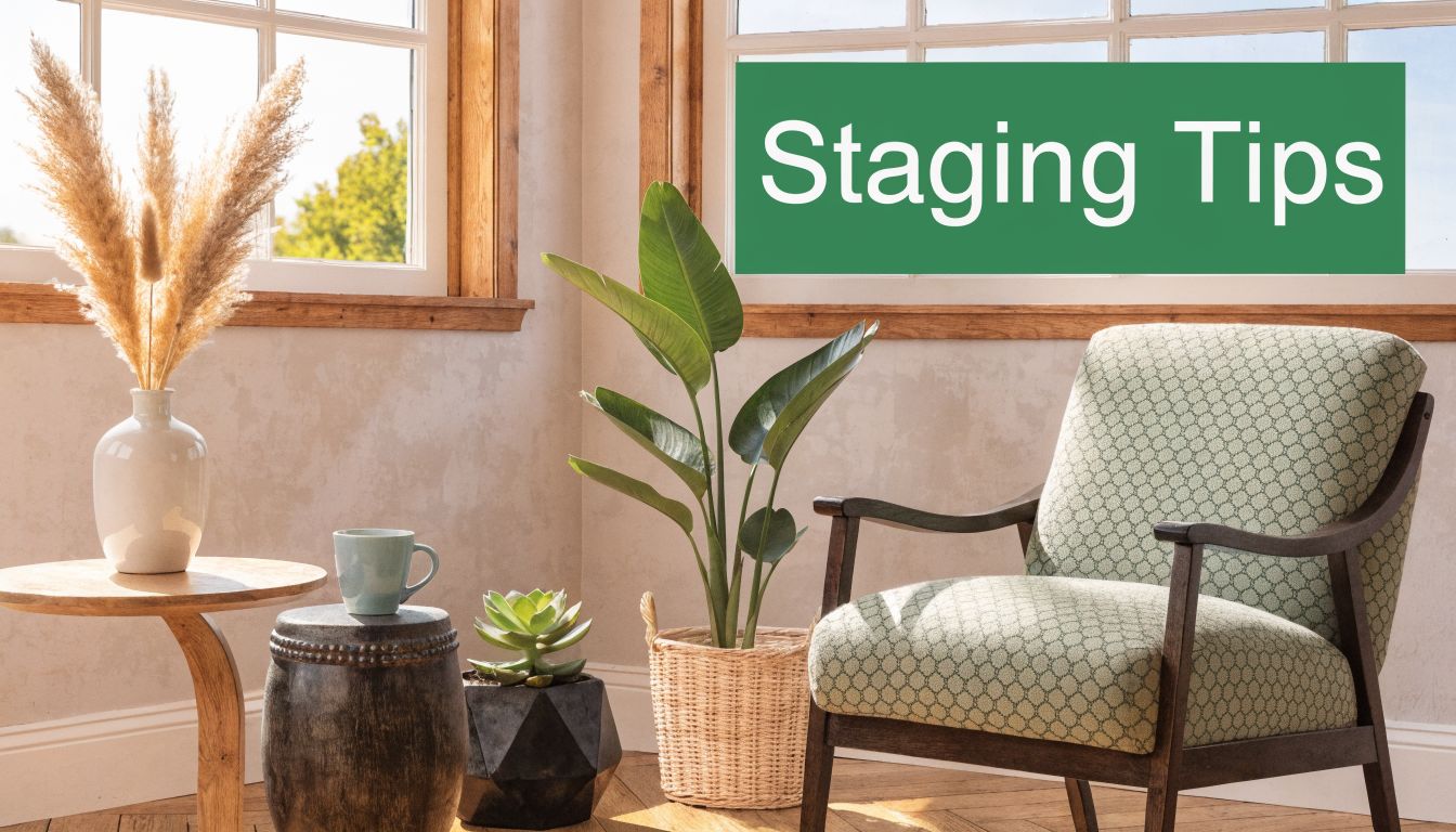 A cozy room corner featuring a patterned armchair, plants, and decor items in front of windows.