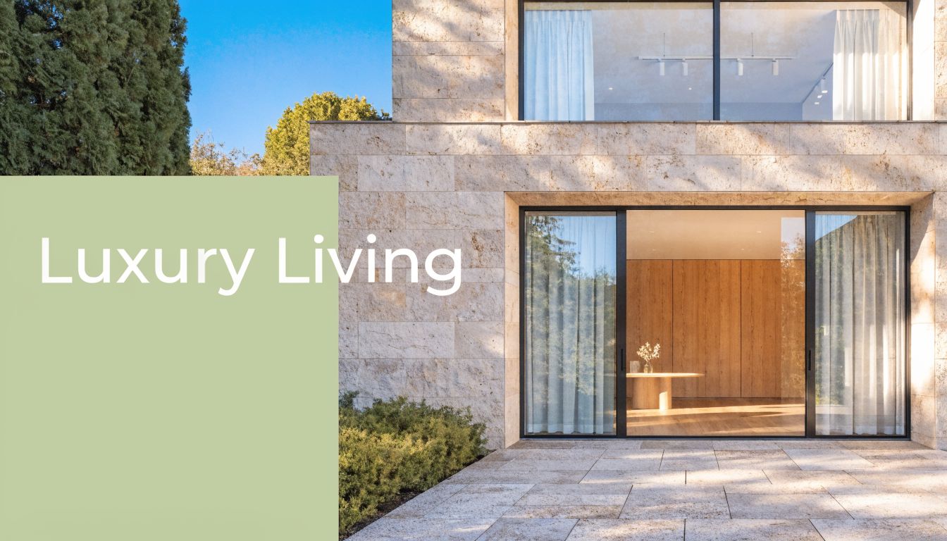 A modern stone house exterior featuring large glass sliding doors, wooden interior walls, and a patio area.