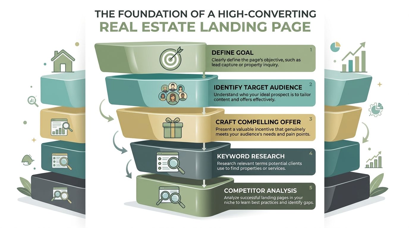 A diagram illustrating the five foundational steps for creating a high-converting real estate landing page.