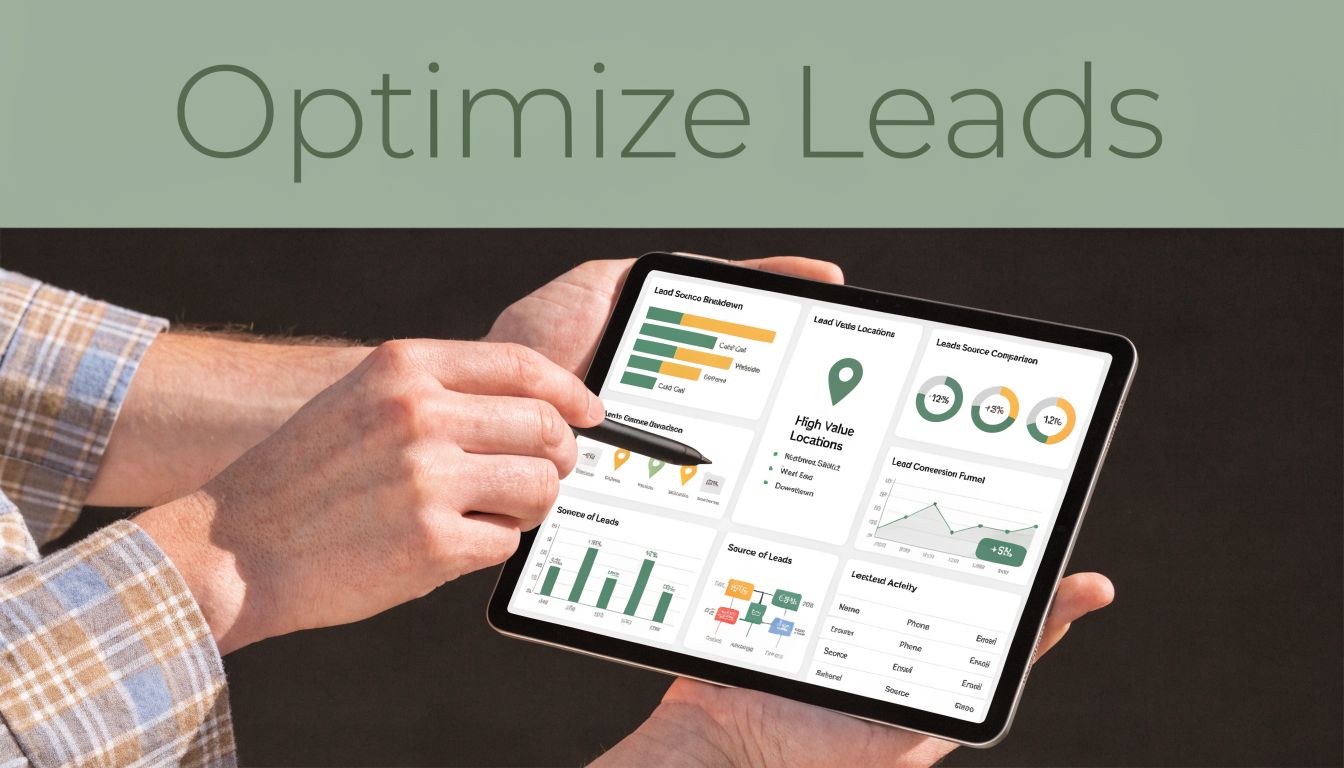 A person using a stylus to analyze a real estate lead dashboard on a tablet computer.