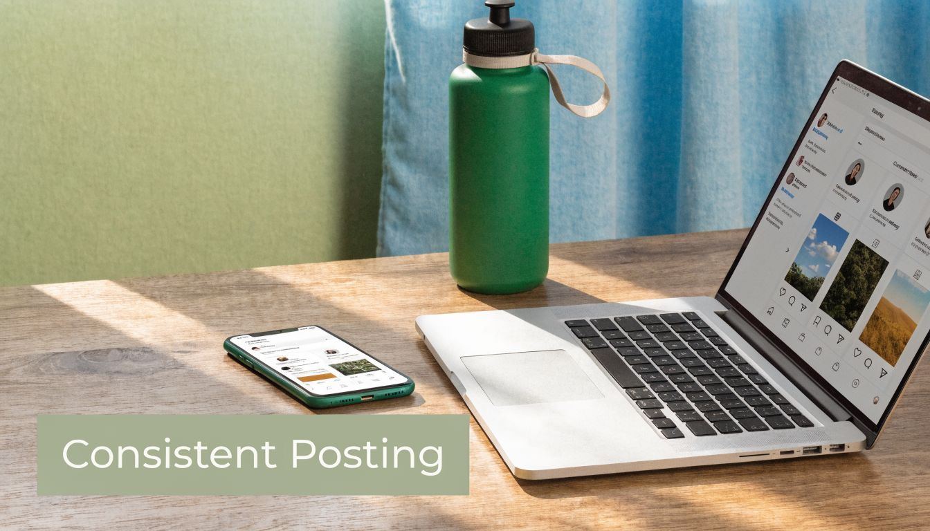 A smartphone and laptop displaying social media profiles on a wooden desk next to a water bottle.