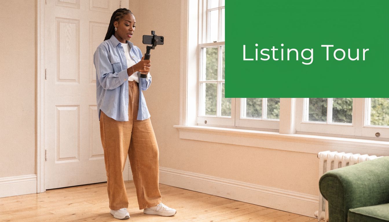 A real estate agent filming a home listing tour using a smartphone on a handheld stabilizer gimbal.