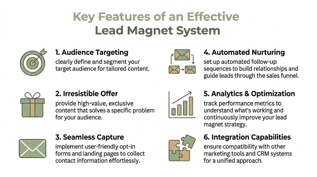 A diagram outlining the six key features of an effective lead magnet system for digital marketing.