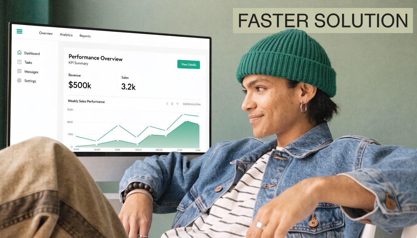 A young person wearing a beanie hat looking at a performance dashboard screen on a monitor.
