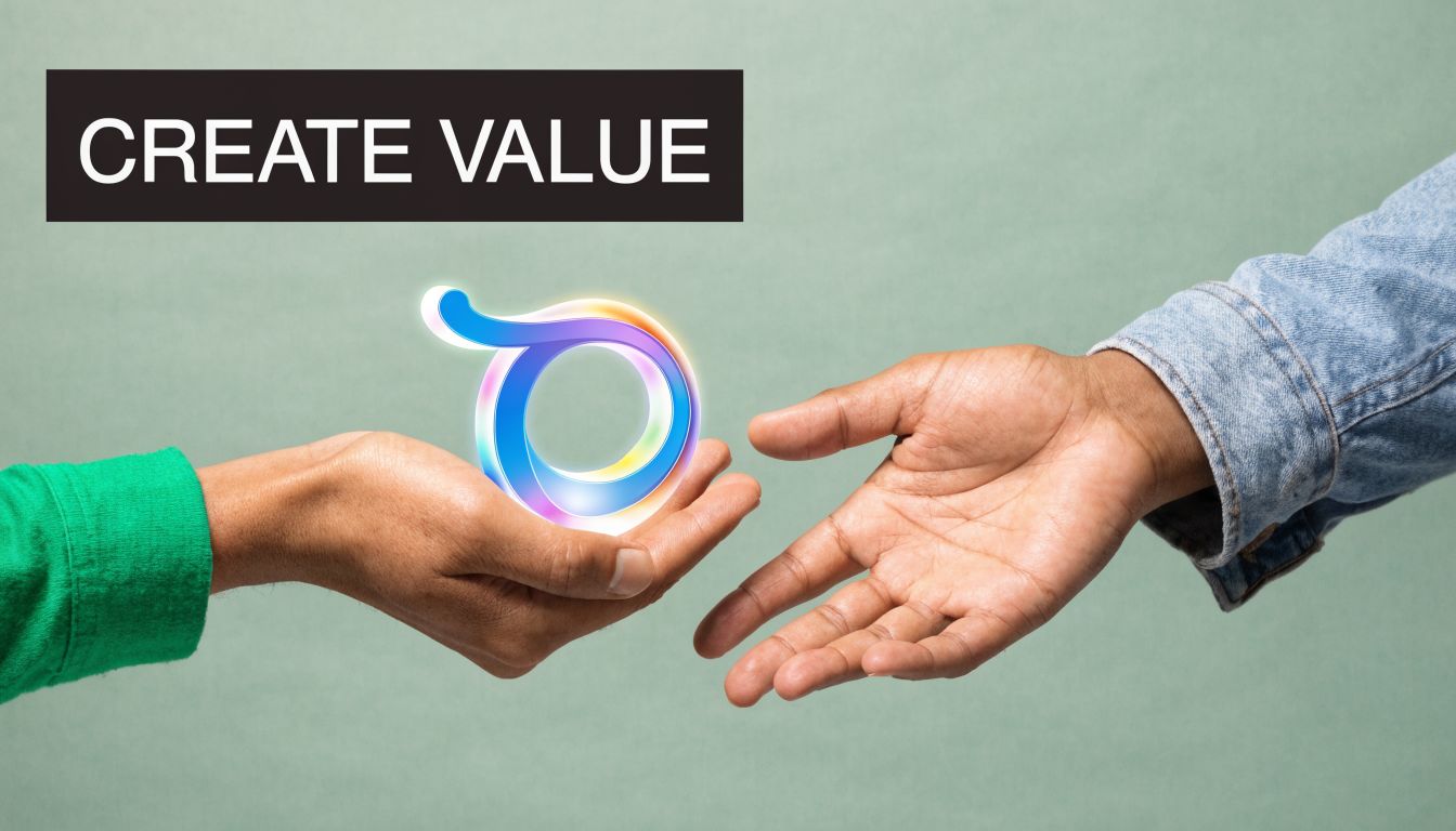 Two people exchanging a glowing colorful abstract ring symbol on a light green background with text overlay.