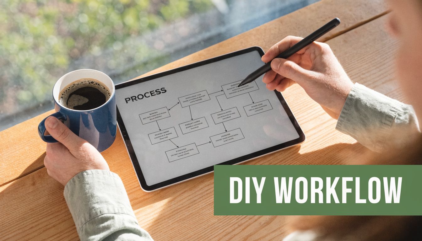 A person using a stylus to draw a process workflow diagram on a tablet near coffee.