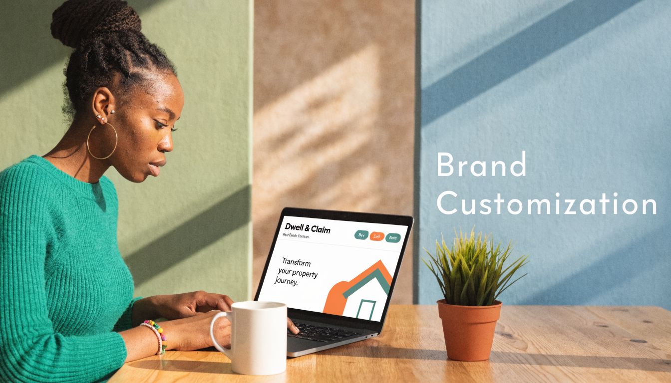 A woman using a laptop to design professional real estate listing presentation templates for her business branding.