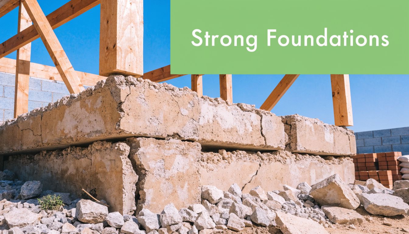 A cracked concrete foundation supporting wooden framing for a construction project under a clear blue sky.