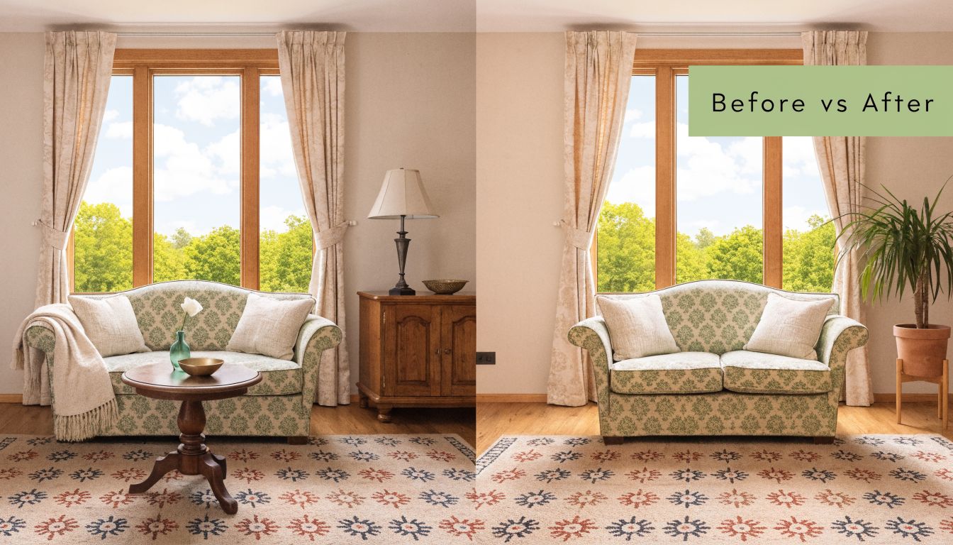 A split image showing a living room interior before and after staging furniture for home sale.