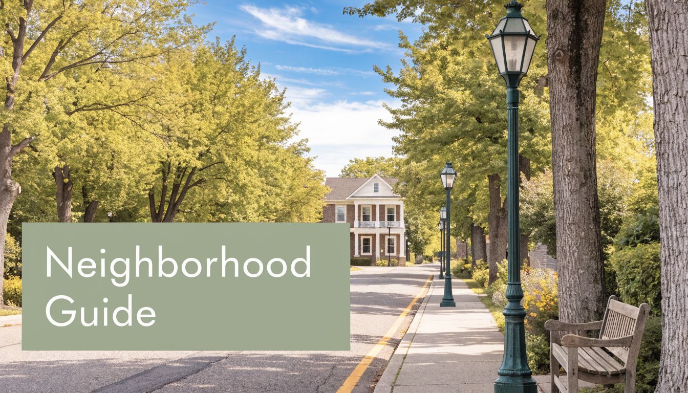 A quiet, tree-lined residential street with a sidewalk, streetlights, and a wooden bench during the daytime.