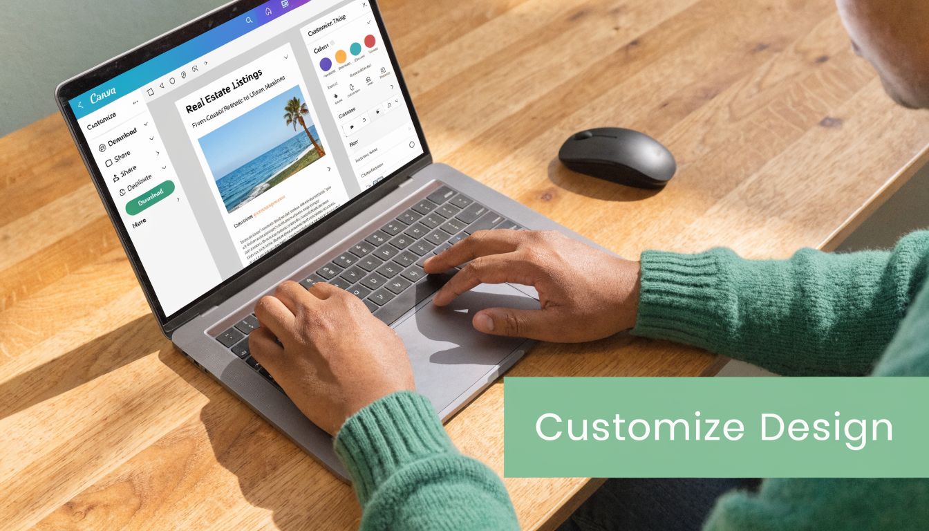 A person using a laptop to edit a real estate listing design template on the Canva website.